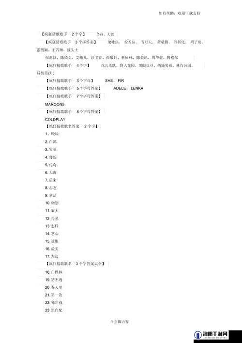 疯狂猜歌开心版答案大全 1-200道